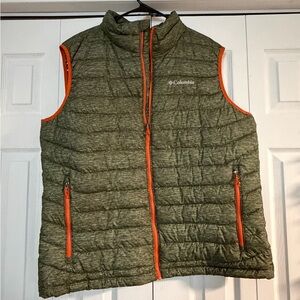 Columbia Olive Puffer Vest with Bright Orange Trim